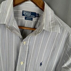 Polo Ralph Lauren Andrew Mens Grey White Striped Cotton Button Down Shirt 16.5 L